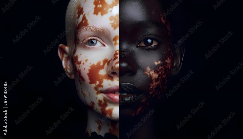 Portrait of African woman with dark skin and a woman with vitiligo, Split face, Diversity, beauty and natural 