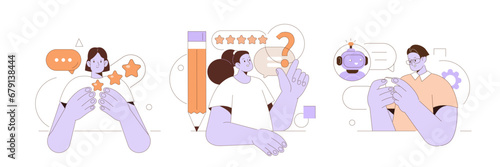 Feedback and review concept illustrations set. Customers integrating with chat bot robot assistant, asking questions and sharing experience. Vector illustration.
