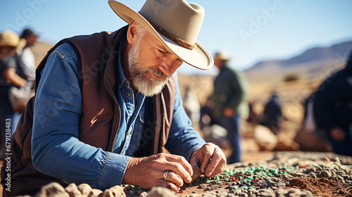 A geologist examines rocks outdoors with a magnifying glass
