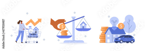 Cost of living rising concept illustration. Character worries about consumer goods, utilities, housing and transportation price increases. Consumer price index metaphor. Vector illustrations set.