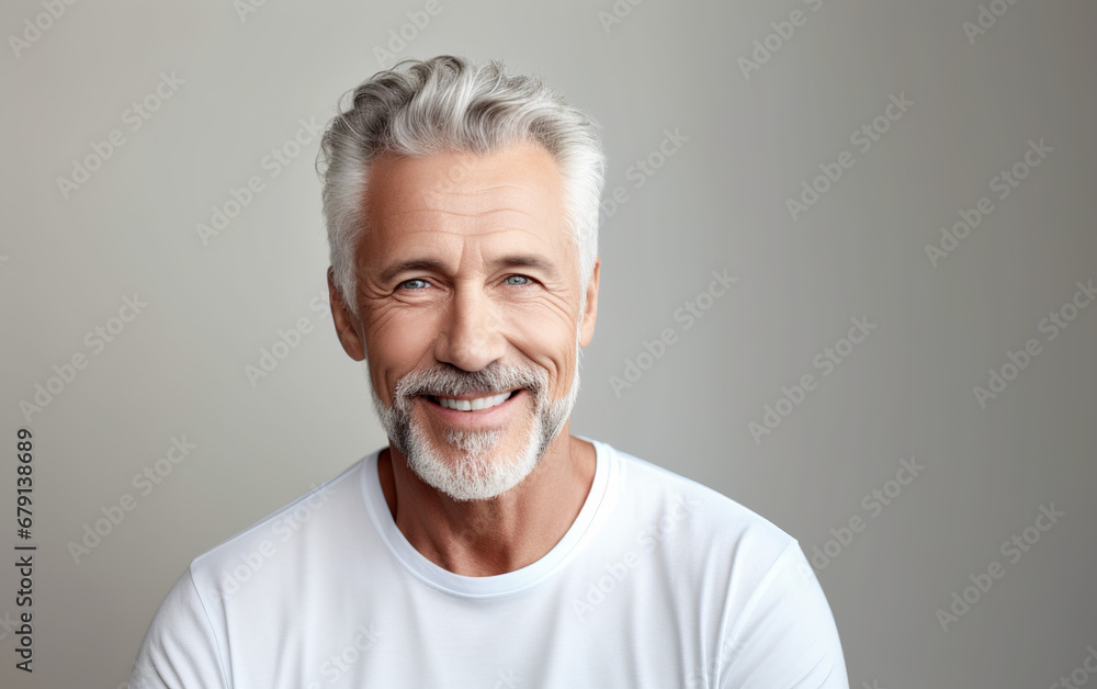 Mature old man in white t-shirt close up portrait on grey pastel background Mature old man in white t-shirt close up portrait on grey pastel background