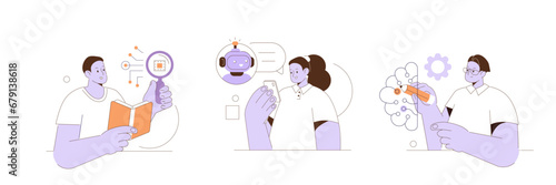 Computer science concept illustrations set. Characters integrating with innovative technology, studying deep learning, data mining and microprocessor programming. Vector illustration.