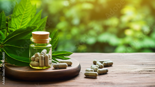 Herbal drug in pill and capsule on wood table