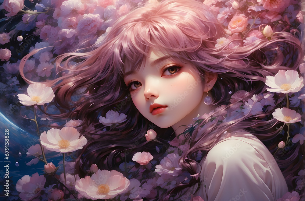 Abstract Portrait of a Beautiful Girl with Pink Flowers in Shiny Hair Abstract Portrait of a Beautiful Girl with Pink Flowers in Shiny Hair