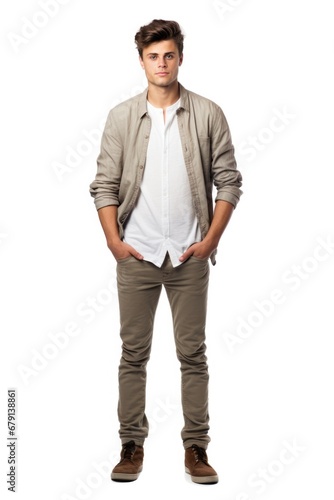 Full Length Portrait of Photogenic Young Guy in Casual Attire Standing Isolated on White Background