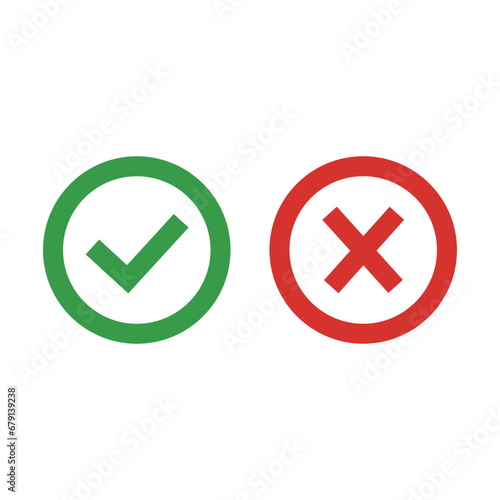 Green check mark and red cross icon in a circle on an isolated background. Approval icon and rejection icon. True or false icon. Editable outline.Vector illustration.