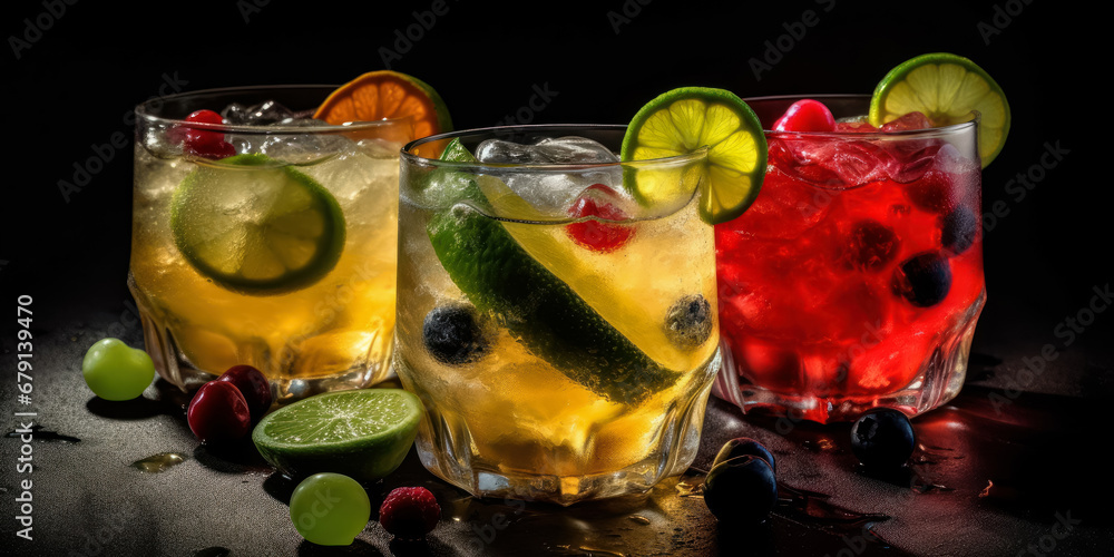 Cocktails with ice, lemon and fruit, served in glasses and glasses, dark background. Generative AI.