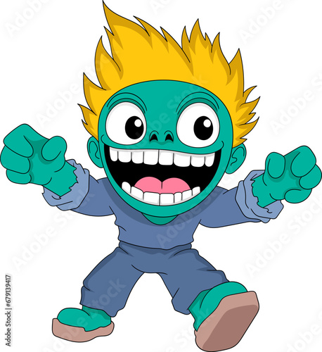 a boy is wearing a turquoise alien costume
