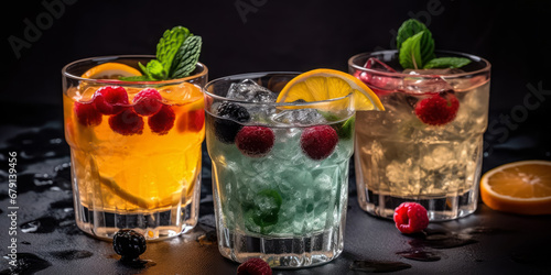Cocktails with ice, lemon and fruit, served in glasses and glasses, dark background. Generative AI.