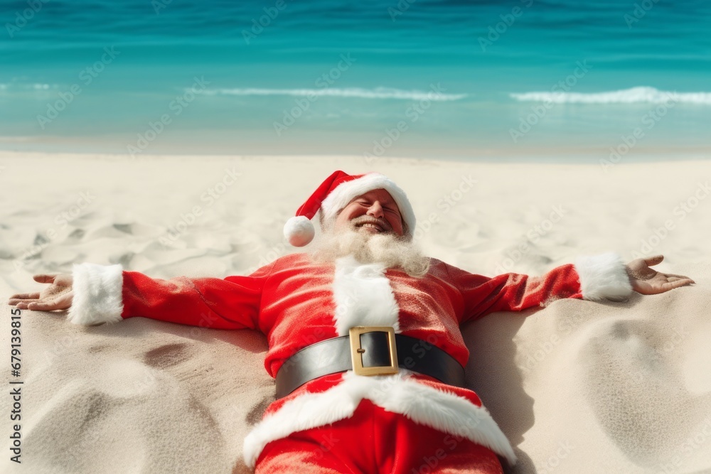 Obraz premium Santa Claus is lying on a sandy beach on the seashore. Sunny day, blue sky.