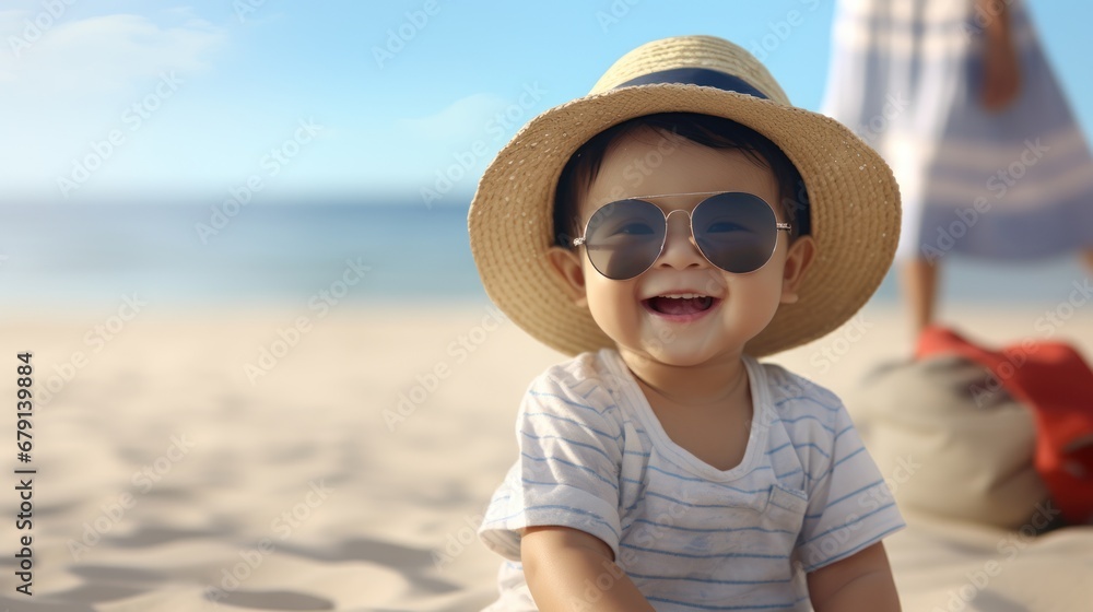 Against the backdrop of the bright sea, a joyful Asian child in a hat and glasses sits on the sun-drenched sand