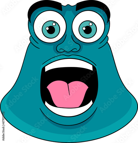 a blonde a strangely shaped green monster with thick eyebrows and a gaping mouthman wearing winter clothes