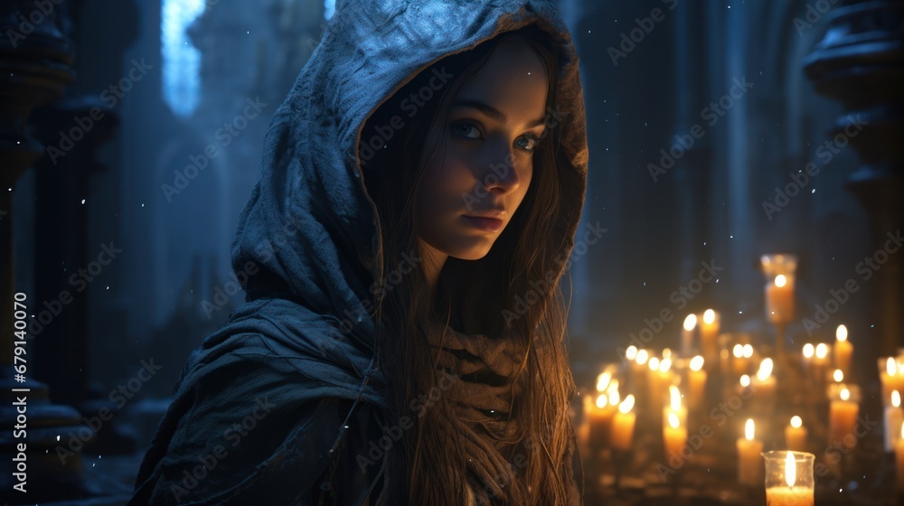 A beautiful woman with long dark hair wearing a hooded cloak on her head, her face illuminated by the flickering flames of candles in a temple in the background. - obrazy, fototapety, plakaty 