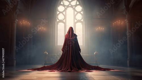 A mysterious woman in a dark cloak stands alone in an ancient castle, facing the window, view from the back.