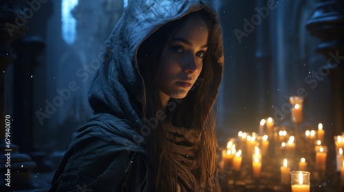 A beautiful woman with long dark hair wearing a hooded cloak on her head, her face illuminated by the flickering flames of candles in a temple in the background.