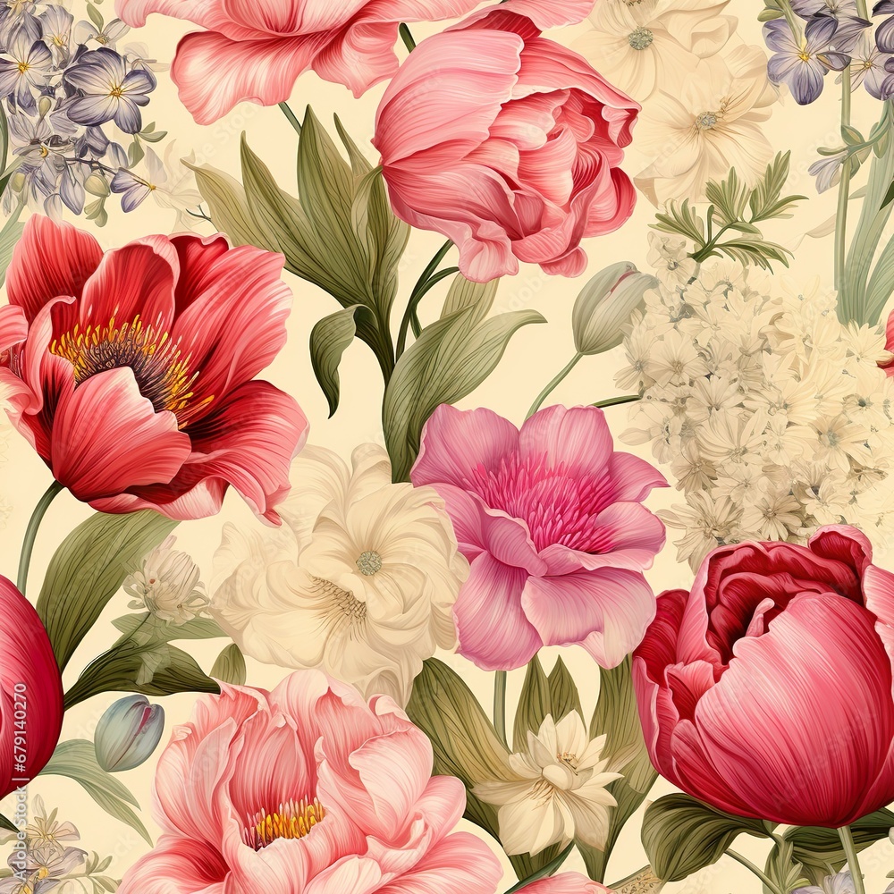 Colorful peony and pink flowers against beige background, Generative AI