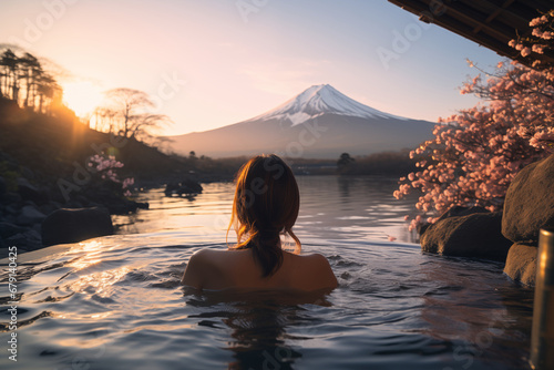 Rear view of woman enjoy onsen in the morning and seeing view of Fuji mountain in japan