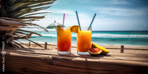 Fresh fruit cocktail  served on a wooden table on the beach. Generative AI.