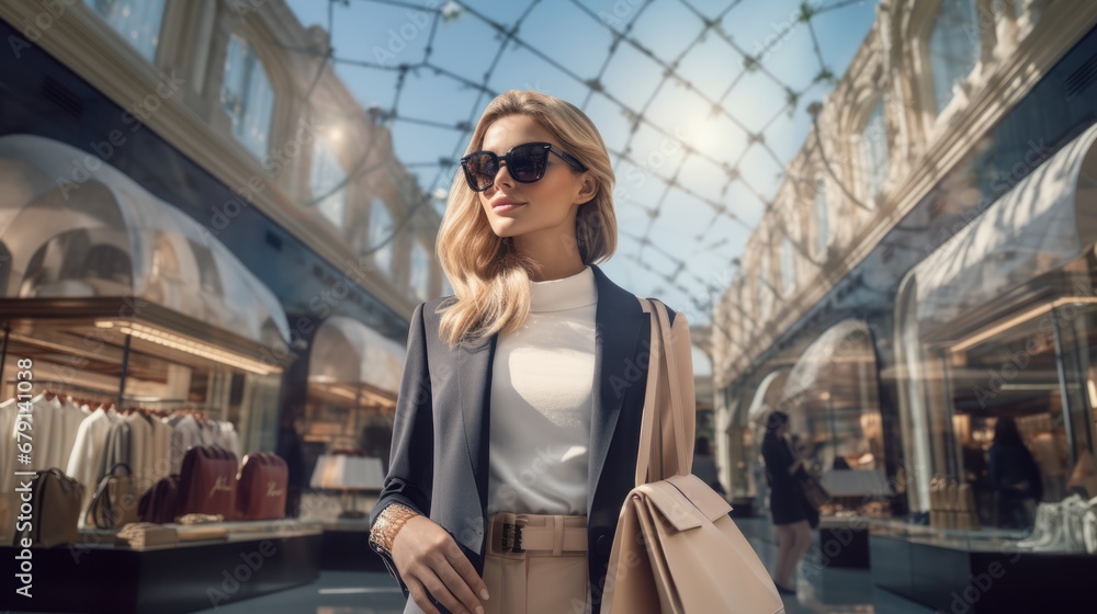 Fototapeta premium Portrait of a blonde woman in sunglasses walking down the street with shopping bags, shops in the background