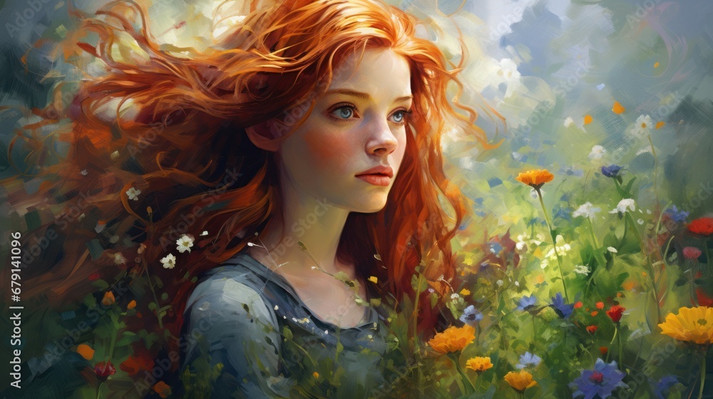 Close-up portrait of a red-haired girl with blue eyes, on a field among flowers, looking away, watercolor drawing