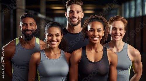A united group of athletes smiles in a group photo in the gym, with two dark-skinned girls in the foreground