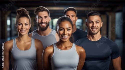 Smiling athletes pose for photo in gym, girls in foreground