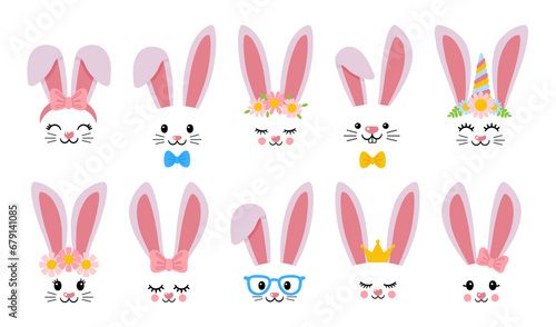 Rabbit faces. Cartoon bunny ears and faces with decorative elements. Funny bunnies in glasses, animal in flower wreath. Decor elements for Easter party vector set