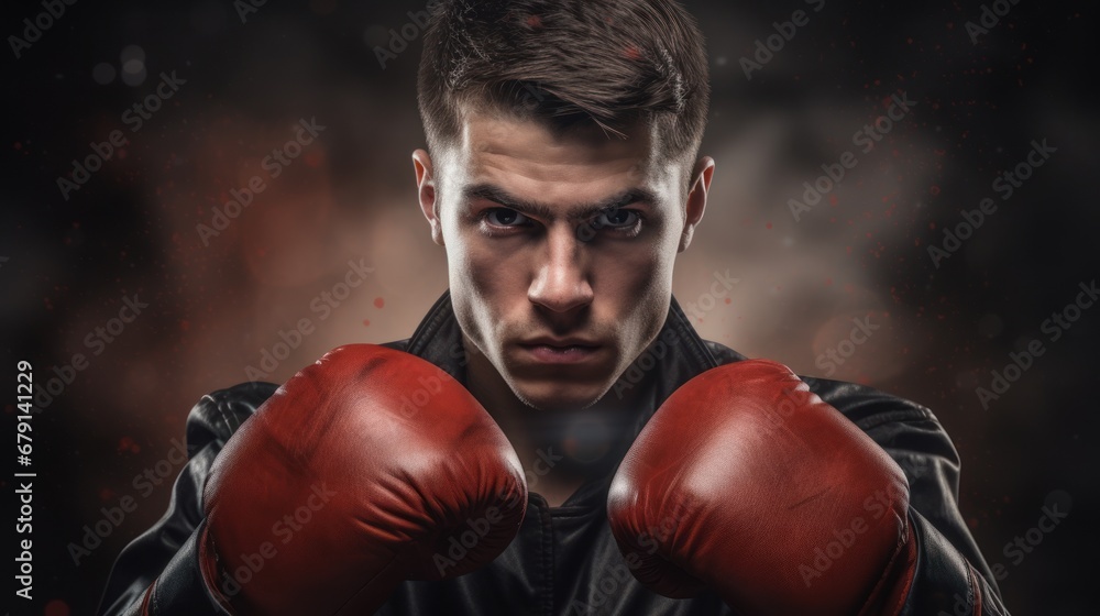 Close-up portrait of young boxer in red gloves on dark background, looking at camera