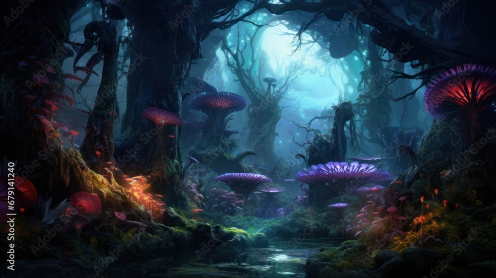 Mystical forest with mysterious trees, glowing moss, and a deep, mysterious atmosphere