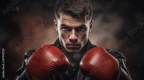 Close-up portrait of young boxer in red gloves on dark background, looking at camera © ProPhotos