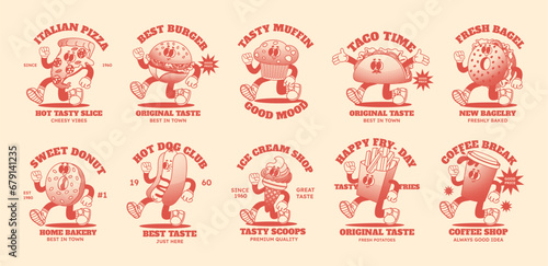 Cartoon mascot fast food. Comic 70s mascot contour character. Groovy logo fries, hamburger, donut, coffee and walking tacos. Retro fun meal with face, hands and leg vector set