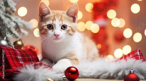 Cute kitten , surrounded by a Christmas-decorated room in a modern Scandinavian style. Minimalist festive holiday decor, warm and inviting atmosphere. Empty space for text