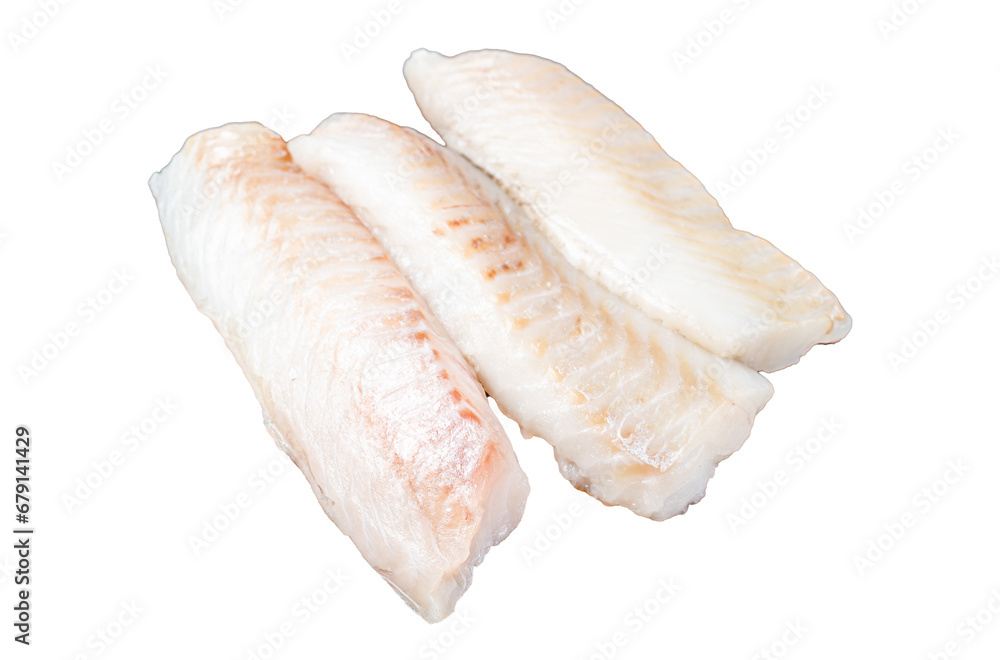 Fillets of codfish, raw cod fish meat.  Transparent background. Isolated.