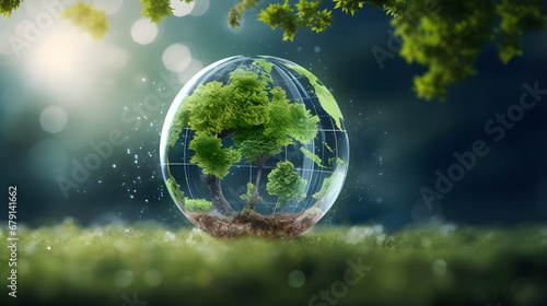 Earth crystal glass globe ball and tree in saving the environment, save a clean planet, ecology concept. technology science of environment concept for the development of sustainability.