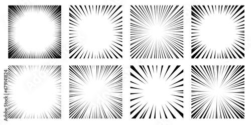 Radial speed lines background. Black and white comic action line strips for comic book or magazine. Speed abstract stripes effect patterns for manga. Vector set