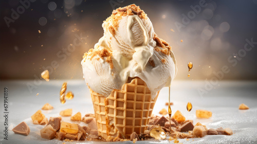 Ice cream in waffle cone with flying pieces of chocolate and caramel on light background