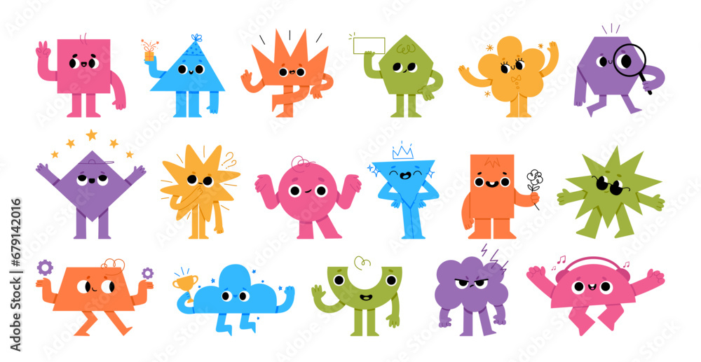 Abstract characters. Cartoon kids shape with smile face. Geometric mascot figure with leg and hands. Fun graphic avatar for education, funny emoji objects. Vector set - obrazy, fototapety, plakaty 