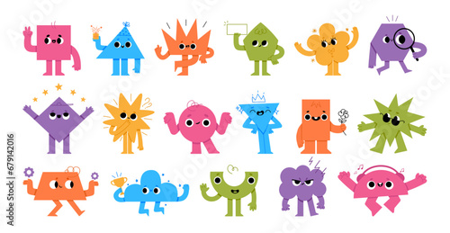 Abstract characters. Cartoon kids shape with smile face. Geometric mascot figure with leg and hands. Fun graphic avatar for education, funny emoji objects. Vector set © Foxy Fox