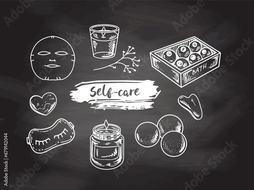 A set of hand-drawn doodle sketches of cosmetics, beauty, self-care, spa elements on chalkboard background. Illustration for beauty salon, cosmetic store, makeup design. Engraved image.