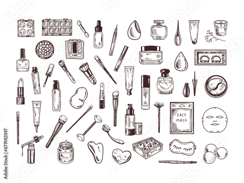 A set of hand-drawn doodle sketches of cosmetics, beauty, self-care, spa elements.  Illustration for beauty salon, cosmetic store, makeup design. Engraved image.