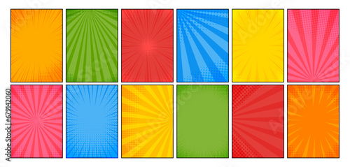 Comic book background. Pop art style texture with halftone dots and sunshine rays. Vintage cartoon magazine pattern. Superhero frame, spots and stripes elements. Vector set