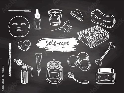 A set of hand-drawn doodle sketches of cosmetics, beauty, self-care elements on chalkboard background.  Illustration for beauty salon, cosmetic store, makeup design. Engraved image.