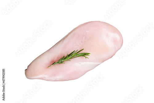 Raw chicken breast fillet on a wooden board with rosemary and garlic, poultry meat.  Transparent background. Isolated.