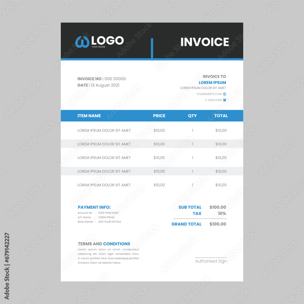 Vector minimalist invoice template design for your business company blue and black theme design