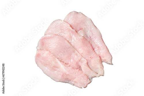 Raw sliced chicken breast fillet steaks in a steel tray, fowl meat.  Transparent background. Isolated. photo