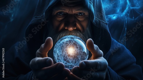 Magical magician with beard, mustache, and hood, holding glowing magic ball in hands, predicting the future. Magic and sorcery concept.