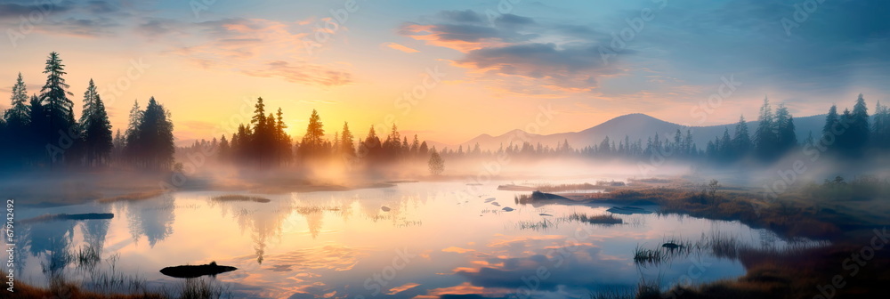 Fototapeta premium Peaceful scenes where landscapes are veiled in morning mist and fog.