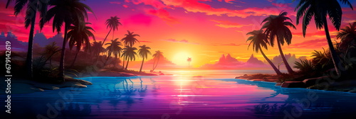 transition from day to night in neon-touched tropics, where the setting sun meets the neon lights in a dazzling display of colors.