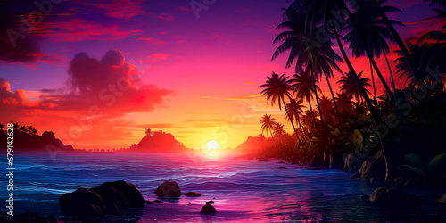 transition from day to night in neon-touched tropics, where the setting sun meets the neon lights in a dazzling display of colors.