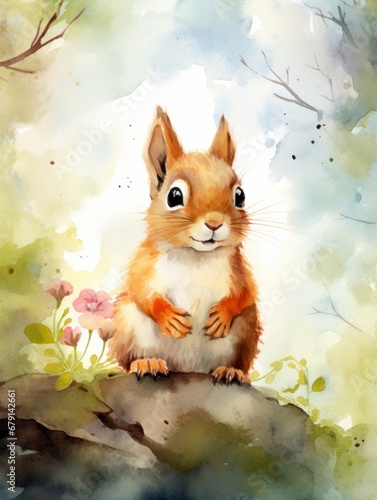 Adorable watercolor squirrel painting on a background of green grass